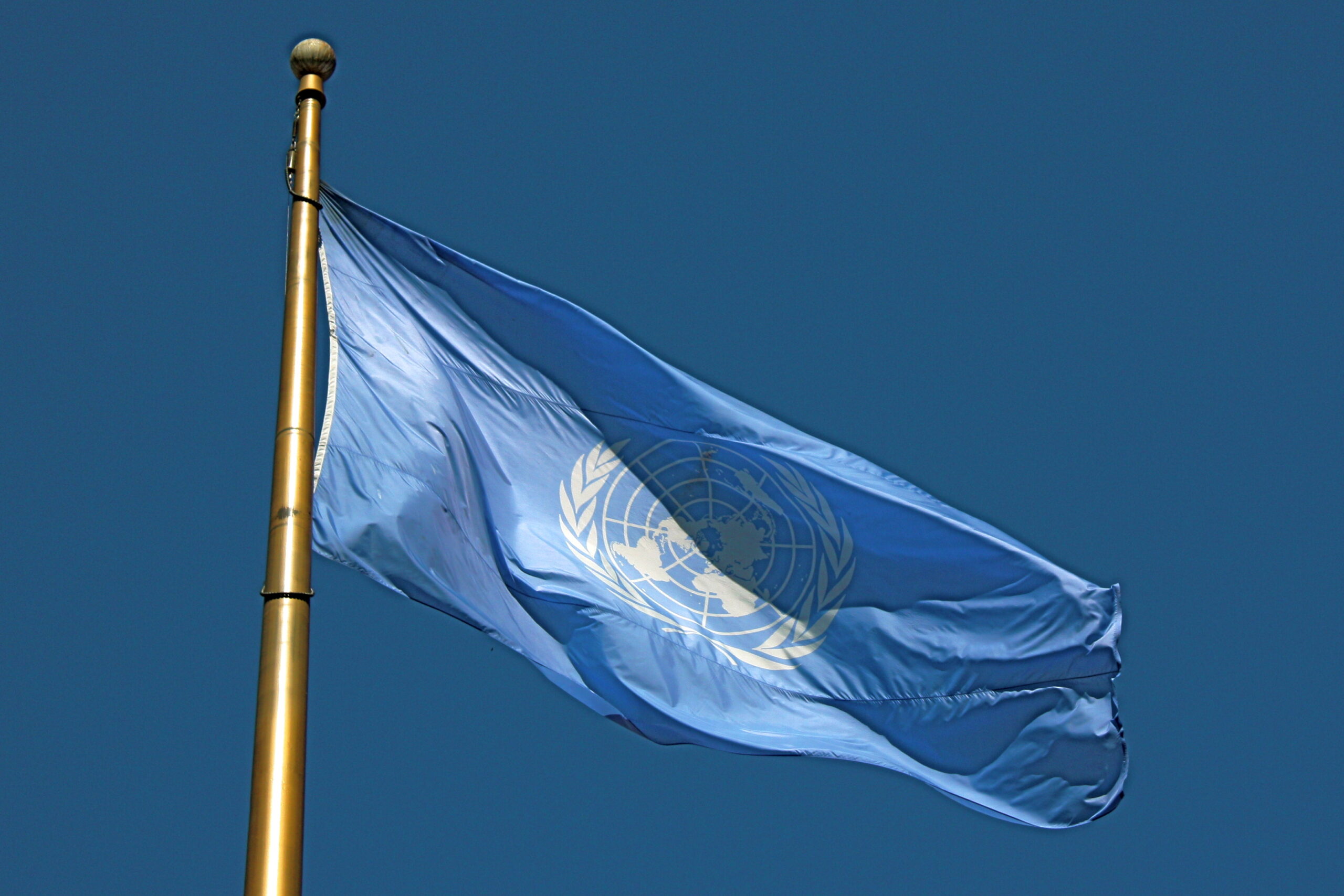 Wehende Flagge mit Logo der Vereinten Nationen
